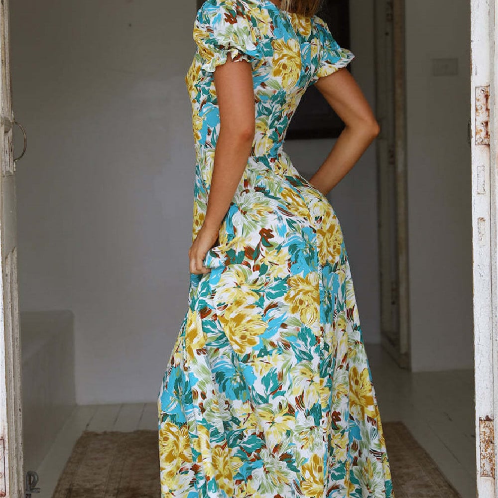 Floral Pattern Long A-Line Dress with Square Neck | Ideal for Spring and Summer