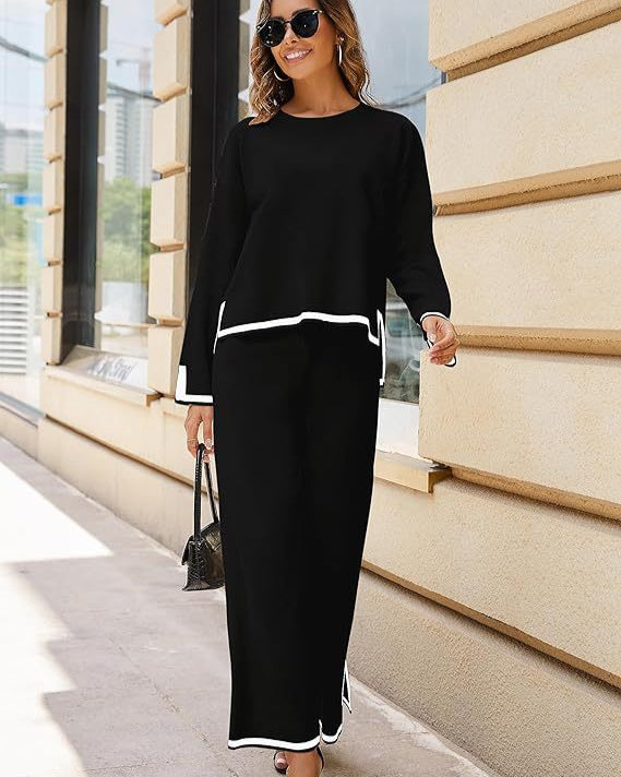 Knitted Two-Piece Set with Long-Sleeved Loose Top and Wide Pants | Ideal for All Seasons