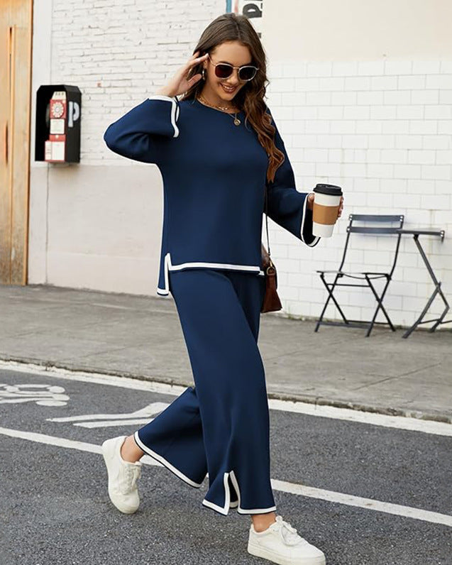 Knitted Two-Piece Set with Long-Sleeved Loose Top and Wide Pants | Ideal for All Seasons