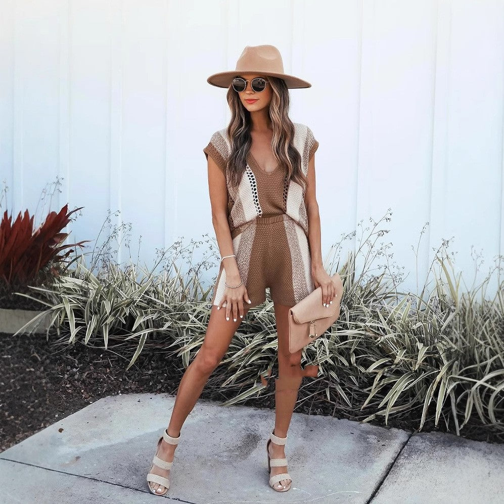 Knitted V-Neck Sweater and Shorts Set | Ideal for Spring and Summer