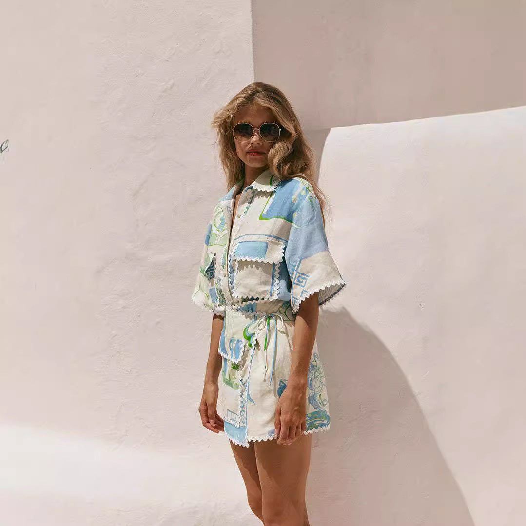Lace Print Cotton-Linen Two-Piece Set | Ideal for Spring and Summer