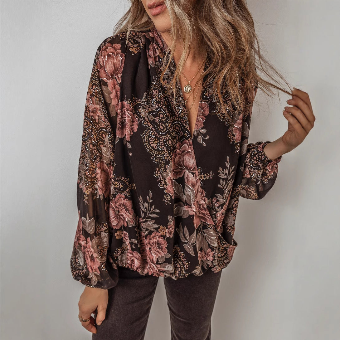 V-Neck Long Sleeve Chiffon Blouse with Floral Pattern | Ideal for Spring