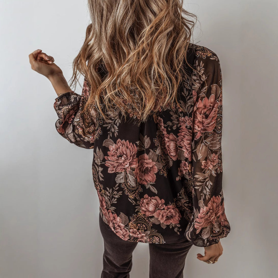 V-Neck Long Sleeve Chiffon Blouse with Floral Pattern | Ideal for Spring