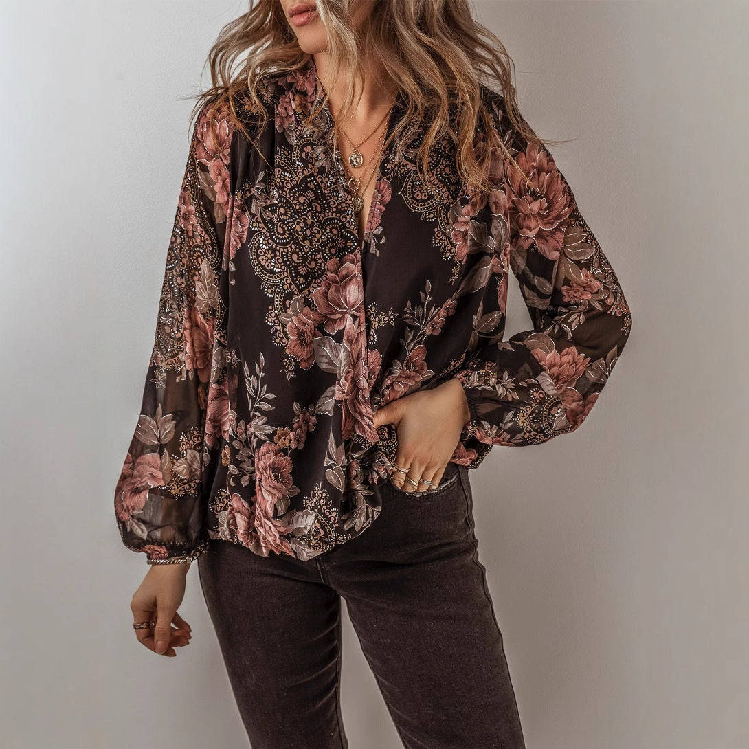 V-Neck Long Sleeve Chiffon Blouse with Floral Pattern | Ideal for Spring