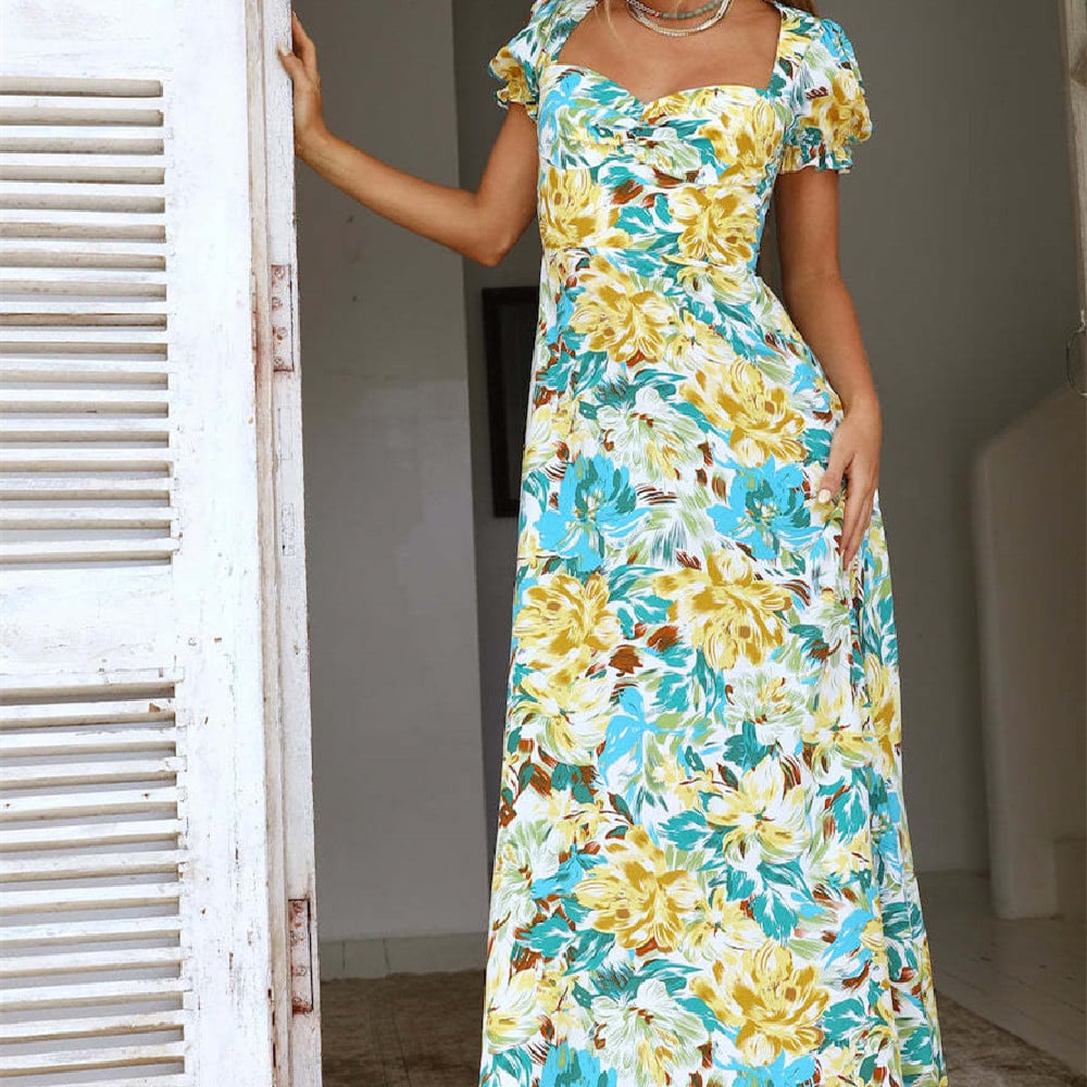 Floral Pattern Long A-Line Dress with Square Neck | Ideal for Spring and Summer