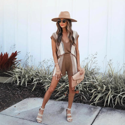 Knitted V-Neck Sweater and Shorts Set | Ideal for Spring and Summer