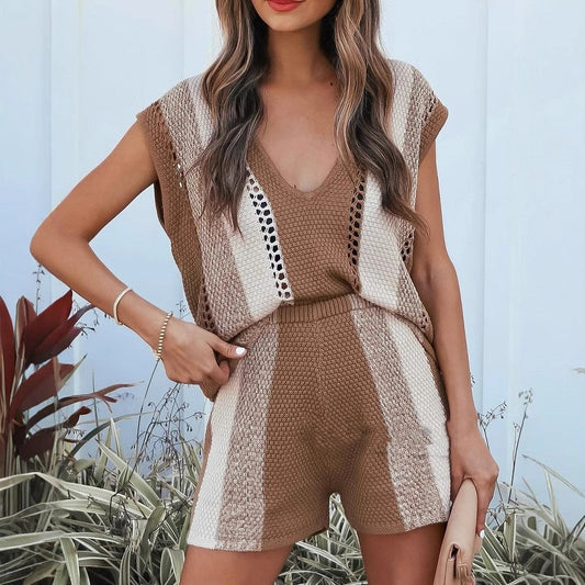 Knitted V-Neck Sweater and Shorts Set | Ideal for Spring and Summer