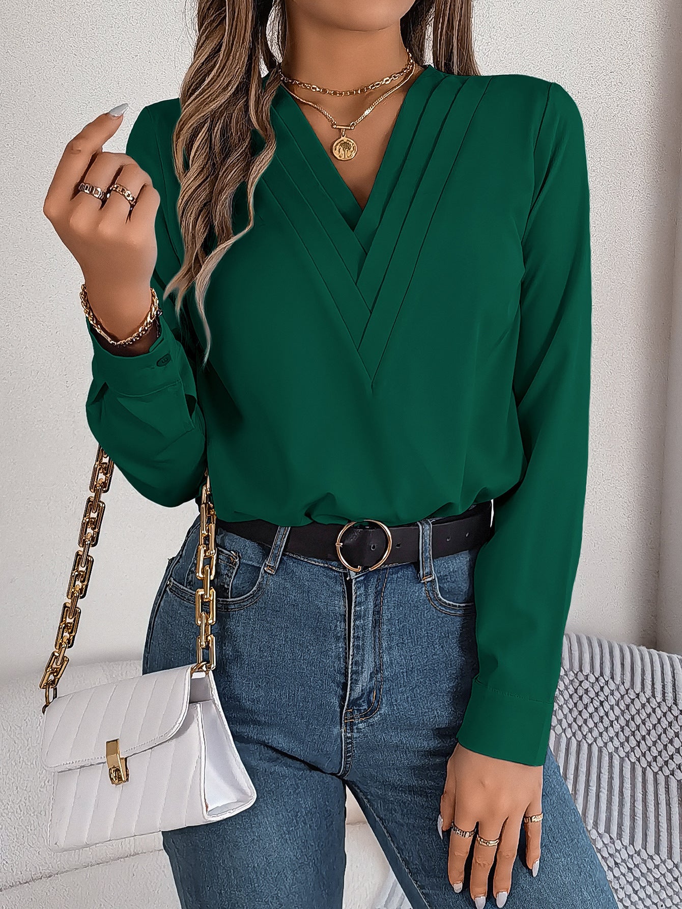 V-Neck Long Sleeve Solid Blouse I Ideal for Fall